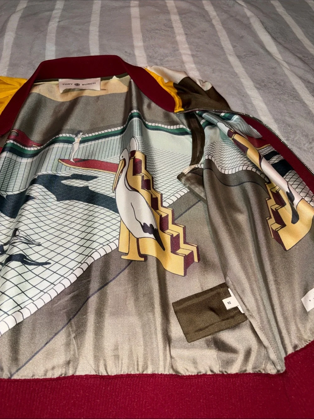 Tory Burch Olive and Maroon Graphic Bomber Jacket with Yellow Accents